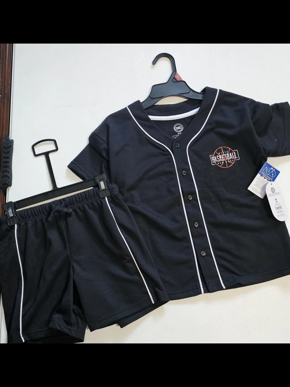 Black Two-Piece Baseball Tee and Shorts Set with White Trim Boys Pijama Set